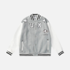 Burberry Leather Sleeve Technical Wool Varsity Jacket Grey White