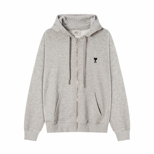 Ami Paris Zipped de Coeur Hoodie Heather Grey M2