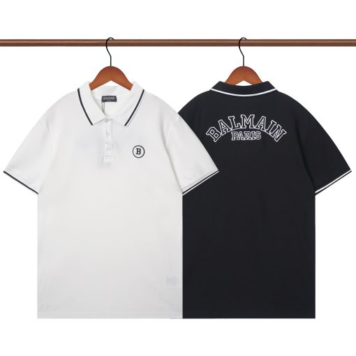 Balmain Contrast Stripe Polo T-Shirt White Black