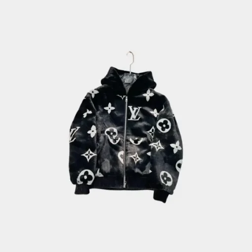 LV Monogram Mink Fur Zipped Hoodie Black