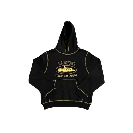 Corteiz Alcatraz Hoodie Black Yellow Stipe - L