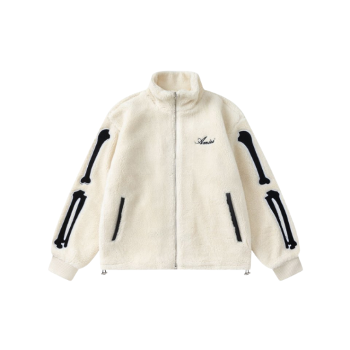Amiri Bones Appliqued Logo Embroidered Fleece Jacket Cream