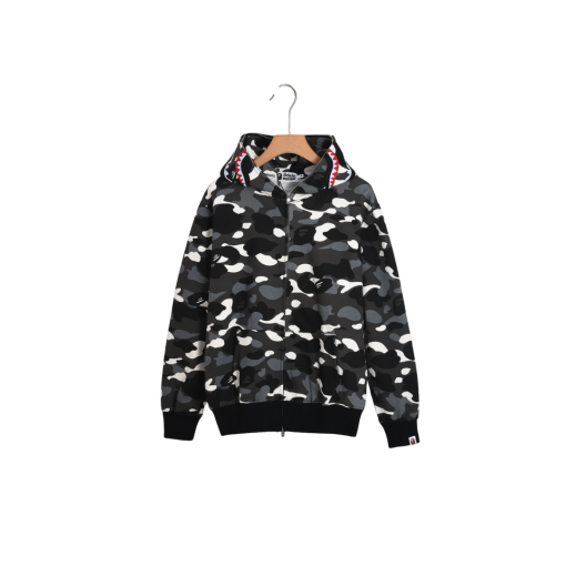 BAPE Shark Head Glow In The Dark Polka Dot Full Zip Double Hooded Hoodie Camouflage Black With White Dot