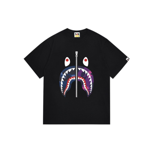 BAPE Camo Shark Face Black T Shirt Purple Design