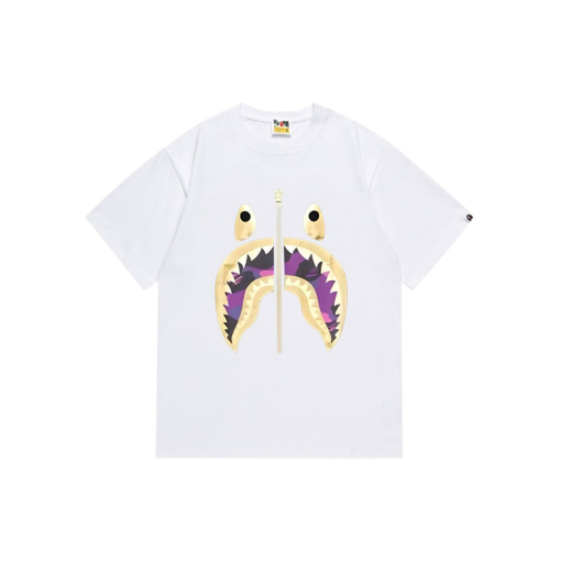 BAPE Camo Purple Yellow Flame Shark Face Design T Shirt White