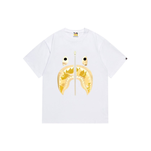 BAPE Camo Shark Face White T Shirt Yellow Flame Design