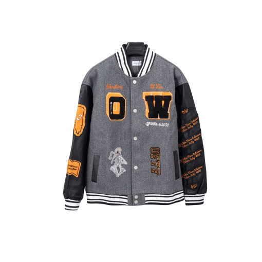 Off-White Varsity Jacket Gray With Orange Design Printed - XXL