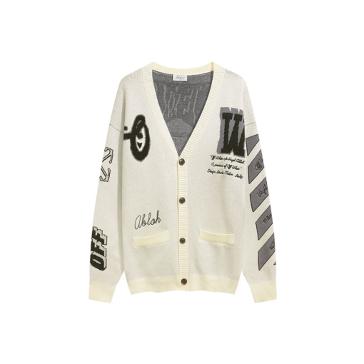 Off-White Moon Varsity Knit Cardigan In Cream And Black - L