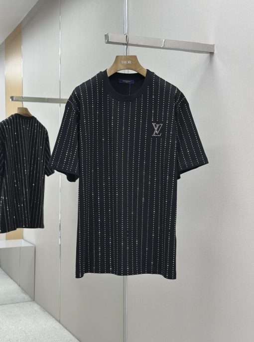 LV Crystal Embellished Cotton T-Shirt Black - S