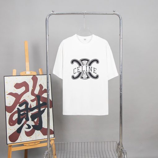 Celine Loose T-shirt Cotton Jersey Featuring The Brand's Signature 'Triomphe' Logo Print White