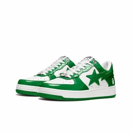 A Bathing Ape Bape Sta Low Sneaker in a Green and White – Premium Patent Leather Streetwear