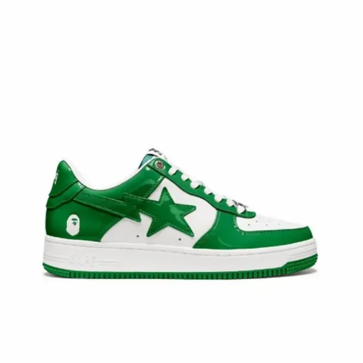 A Bathing Ape Bape Sta Low Sneaker in a Green and White – Premium Patent Leather Streetwear