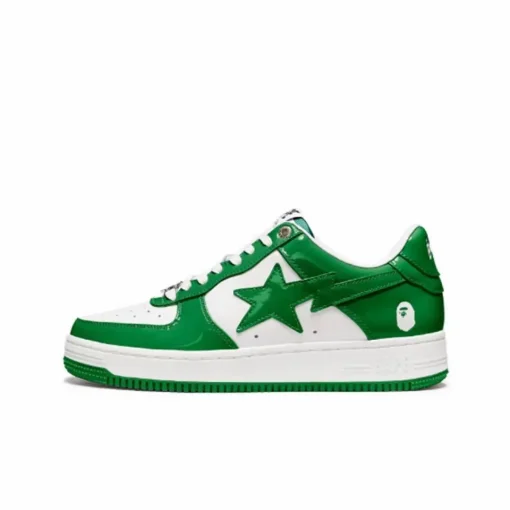 A Bathing Ape Bape Sta Low Sneaker in a Green and White – Premium Patent Leather Streetwear