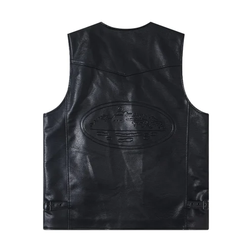 Corteiz Devil’s Island Retro PU Leather Vest Jacket Black