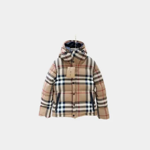 Checkered hooded down jacket