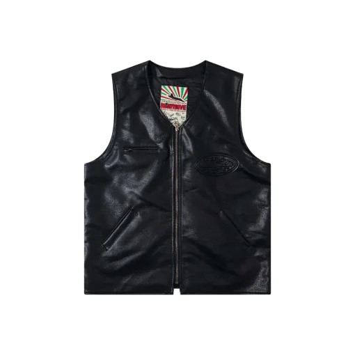 Corteiz Devil’s Island Retro PU Leather Vest Jacket Black