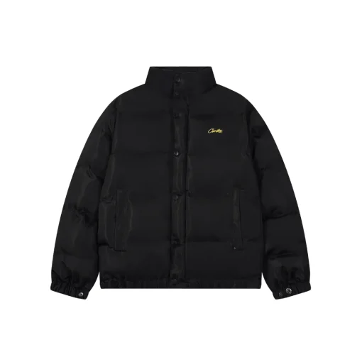 Corteiz Alcatraz Classic Hooded Down Puffer Jacket Black With Yellow Logo