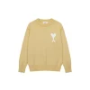 Ami Paris Jacquard ADC Merino Crew Neck Pullover Sweater Camel With White Heart Logo