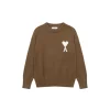 Ami Paris Jacquard ADC Merino Crew Neck Pullover Sweater Khaki With White Heart Logo