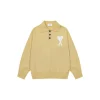 Ami Paris White Heart Jacquard Alpaca Blend Loose Polo Neck Pullover Sweater Light Yellow