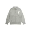 Ami Paris White Heart Jacquard Alpaca Blend Loose Polo Neck Pullover Sweater Light Gray