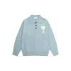 Ami Paris White Heart Jacquard Alpaca Blend Loose Polo Neck Pullover Sweater Baby Light Sky Blue
