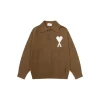 Ami Paris White Heart Jacquard Alpaca Blend Loose Polo Neck Pullover Sweater Khaki