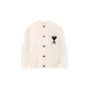 Ami Paris ADC Merino Heart Shaped Alpaca Blend Soft Cozy Knit Cardigan Round Neck Sweater White