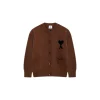 Ami Paris ADC Merino Heart Shaped Alpaca Blend Soft Cozy Knit Cardigan Round Neck Sweater Brown