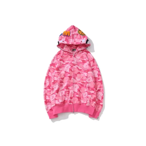 BAPE Shark Head Flame Camouflage Full Zip Hoodie Pink