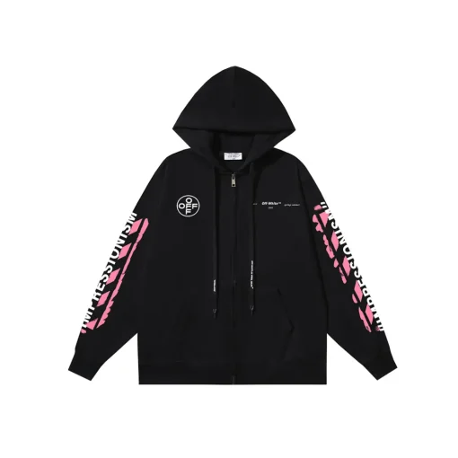 Off-White Zipper Hoodie Black With Pink Design