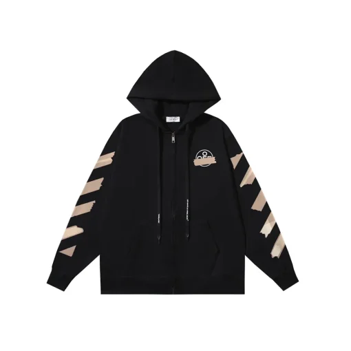 Off-White Zipper Hoodie Black With Beige Design