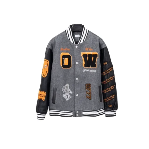 Off-White Varsity Jacket Gray With Orange Design Printed
