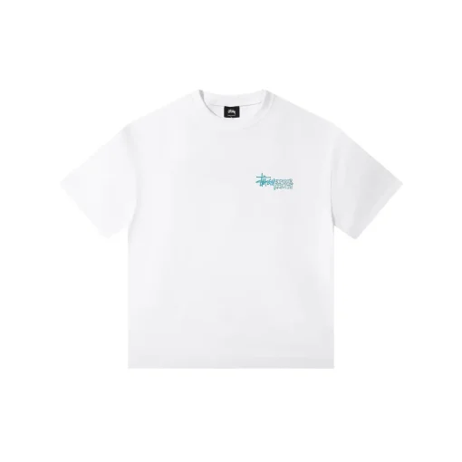Stussy T Shirt All White With Sky Blue Logo