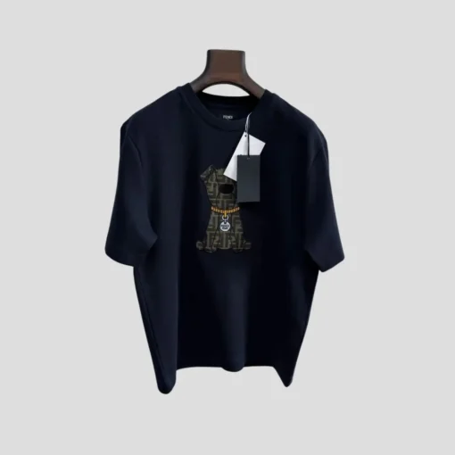 Fendi Men’s Black Cotton T-Shirt Featuring A Brown FF Monogram Dog Graphic With Gold Chain Detail