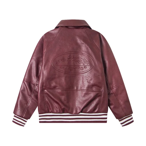 Corteiz Leather Jacket Burgundy