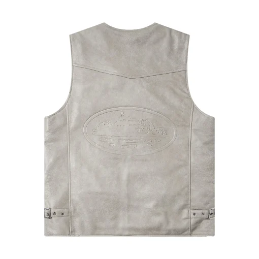 Corteiz Devil’s Island Retro PU Leather Vest Jacket Gray