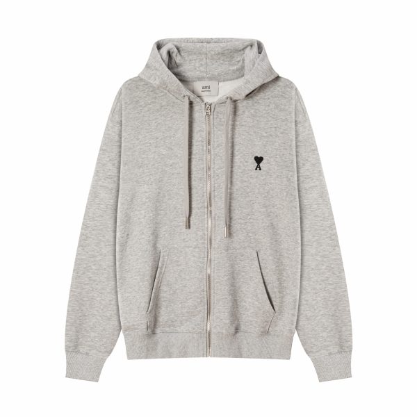 Ami Paris Zipped de Coeur Hoodie Heather Grey M2