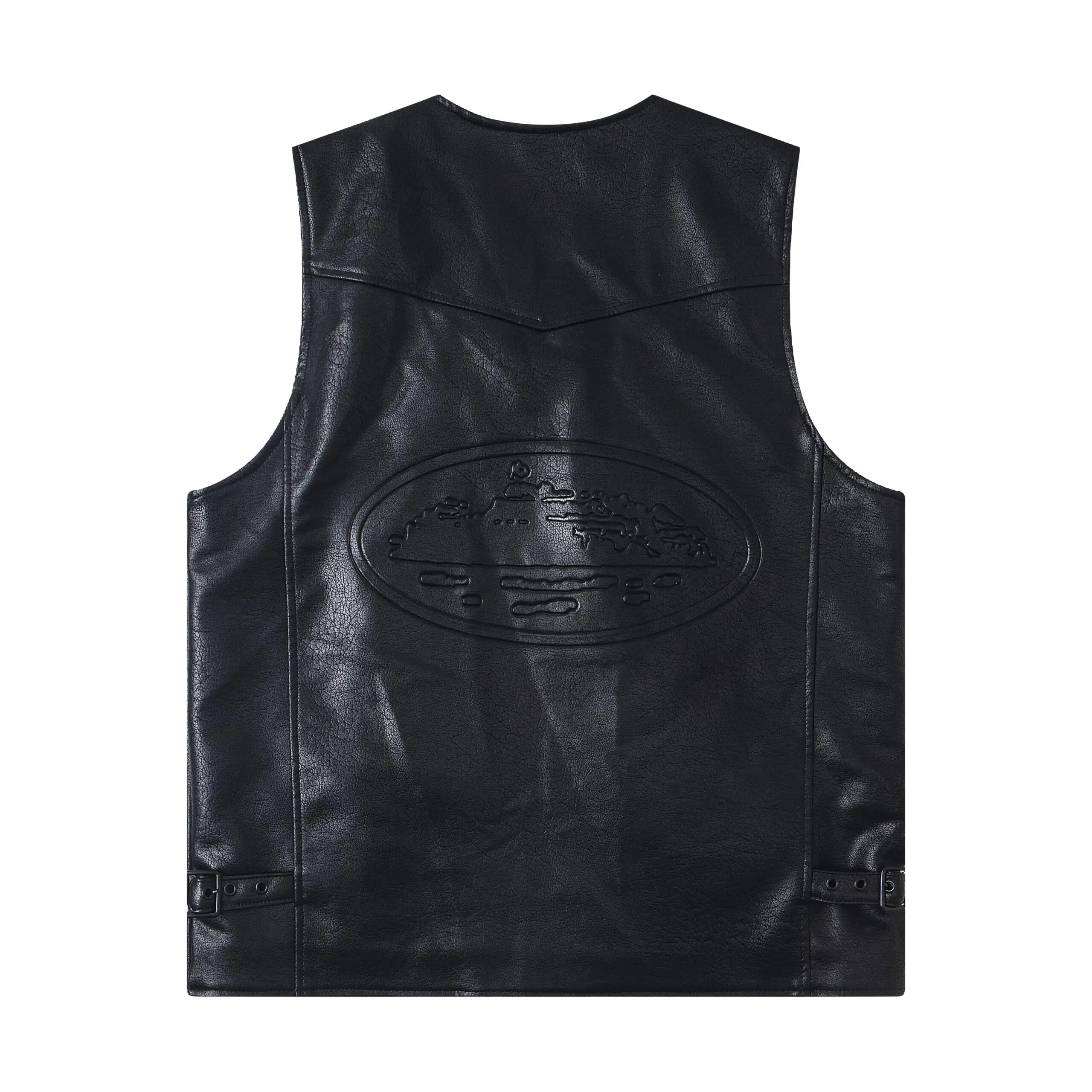 Corteiz Devil’s Island Retro PU Leather Vest Jacket Black - Imagen 2