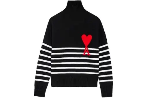 Ami Paris Ami De Coeur Striped Funnel Neck Oversize Sweater Black/White/Red