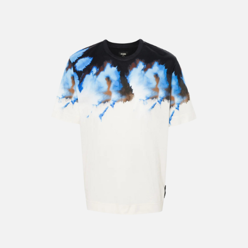 Fendi Men's Tie-Dye Print Crew Neck T-shirt White And Blue Cotton