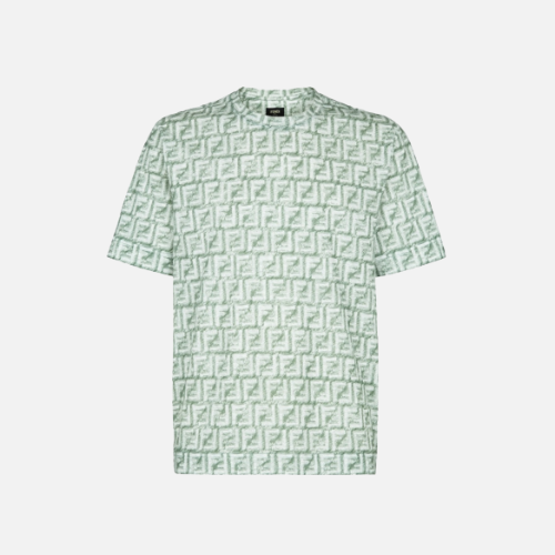 Fendi Short-Sleeved Crew-Neck Cotton T-shirt With An All-Over Fringed Effect FF Print Moss Green
