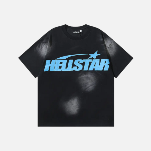 Hellstar Star Gel Sport Logo Washed Short Sleeved T-shirt Black Blue
