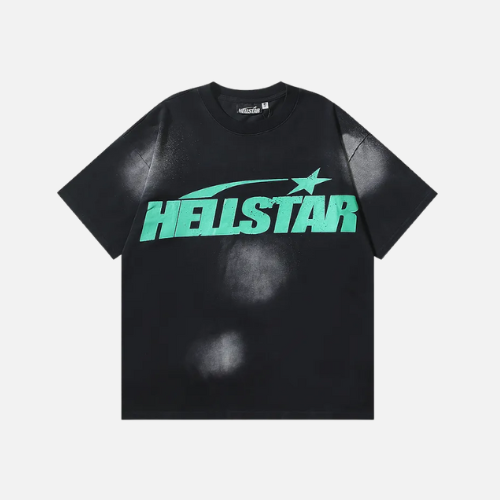 Hellstar Star Gel Sport Logo Washed Short Sleeved T-shirt Black Green
