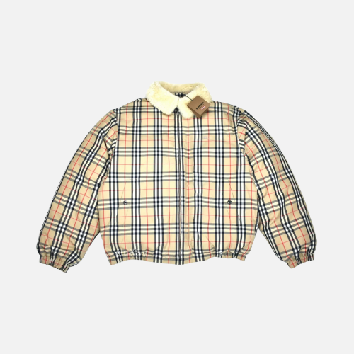 Burberry Nova Check Fur Collar Puffer Jacket Beige White