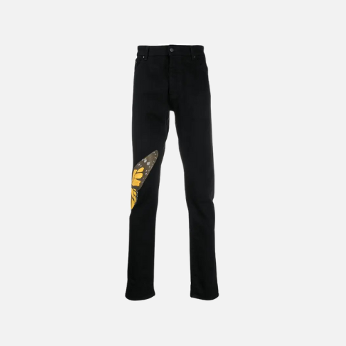 Palm Angels Black Cotton-Blend Butterfly Straight-Leg Jeans With A Yellow Butterfly Print On The Leg