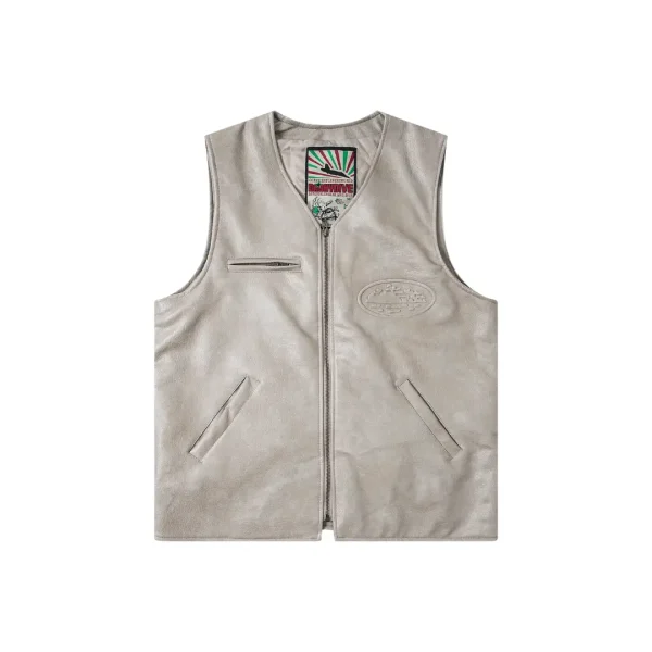 Corteiz Devil’s Island Retro PU Leather Vest Jacket Gray
