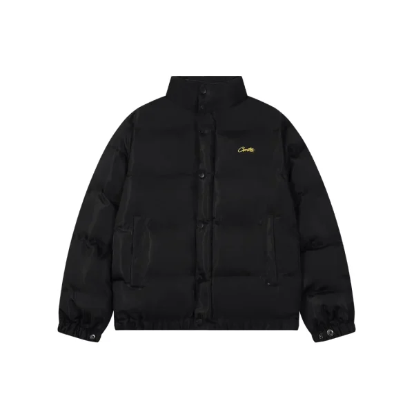 Corteiz Alcatraz Classic Hooded Down Puffer Jacket Black With Yellow Logo