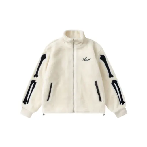 Amiri Bones Appliqued Logo Embroidered Fleece Jacket Cream