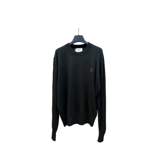 Ami Paris De Coeur Logo Embroidered Merino Wool Crew Neck Sweater Black